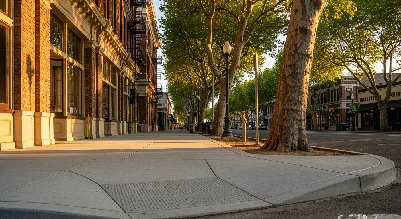 Sacramento downtown street with historic buildings and tree-lined sidewalk, showing mixed residential and commercial architecture typical of the city's core neighborhoods.
