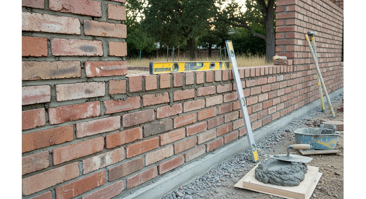 A newly constructed brick boundary wall along the side yard of a Sacramento residential property, showing uniform mortar joints and a level top course. The wall runs parallel to a concrete walkway with a California-style stucco home visible in the background.