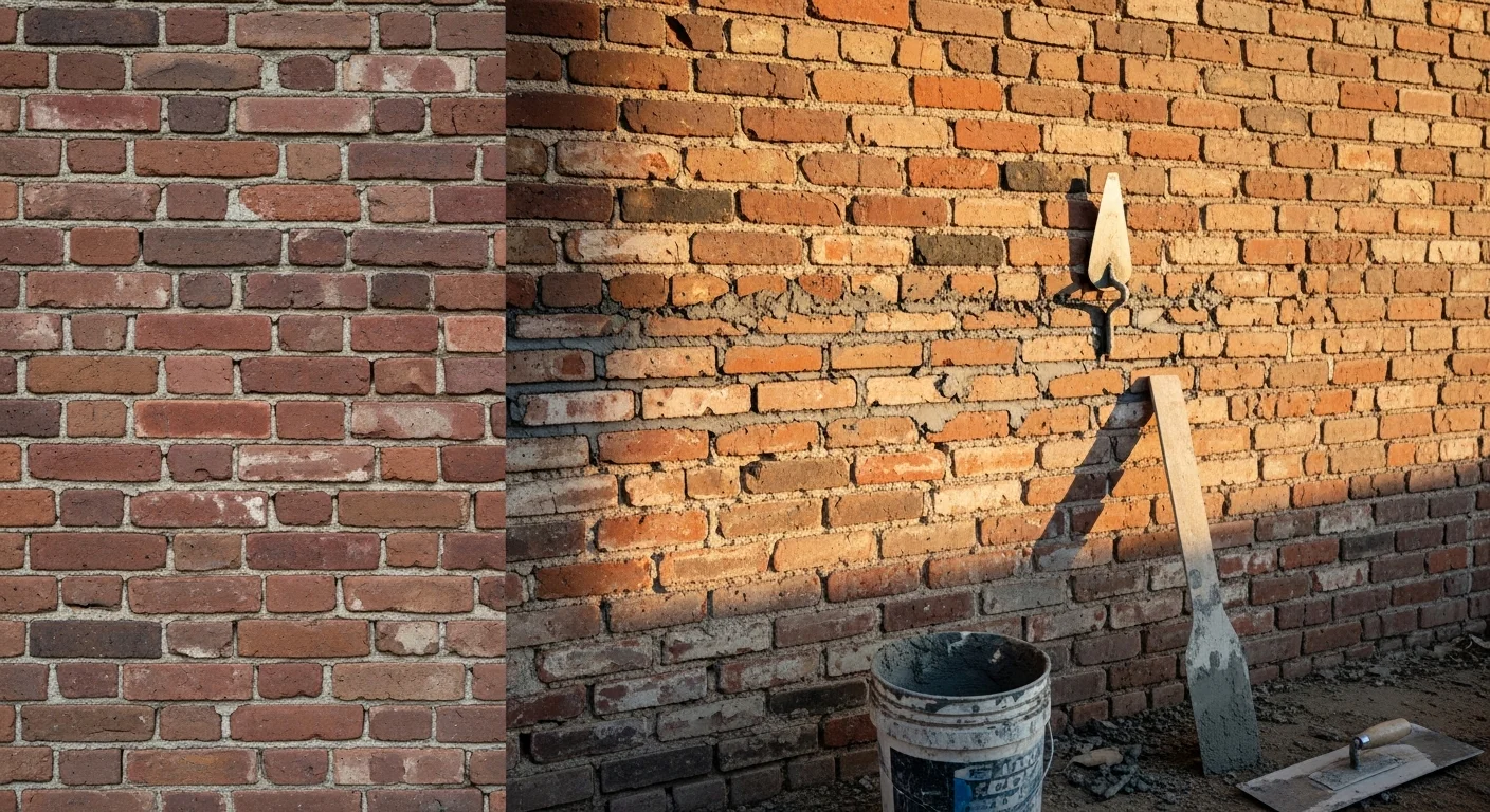 A repaired brick garden wall in a Sacramento residential backyard showing fresh mortar joints and intact brick faces after professional masonry repair. Close-up view highlights the clean joint lines and matching brick color against a dry California landscape.