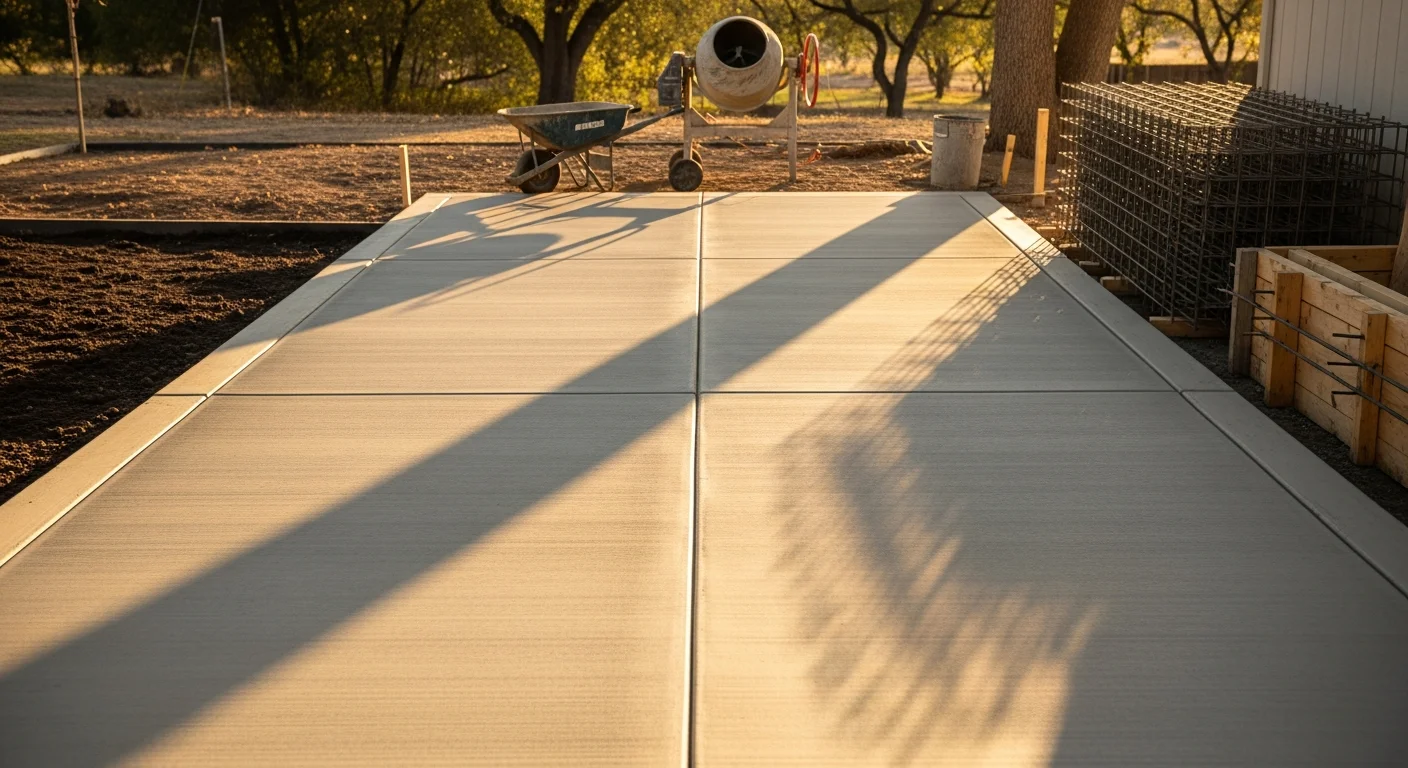A freshly poured concrete patio in a Sacramento backyard with a smooth broom finish and clean formed edges. The slab extends from the rear of a single-story home toward a wood fence line, with no furniture placed yet.