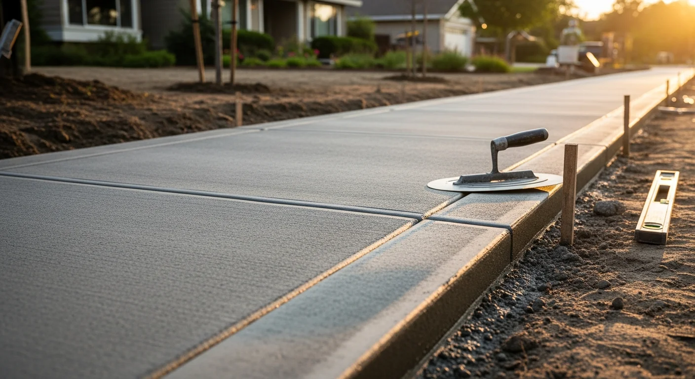 Newly installed broom-finished concrete sidewalk running along the front of a residential property in Sacramento, California. The slab is level, evenly edged, and set against a green lawn with a clear drainage grade away from the home.