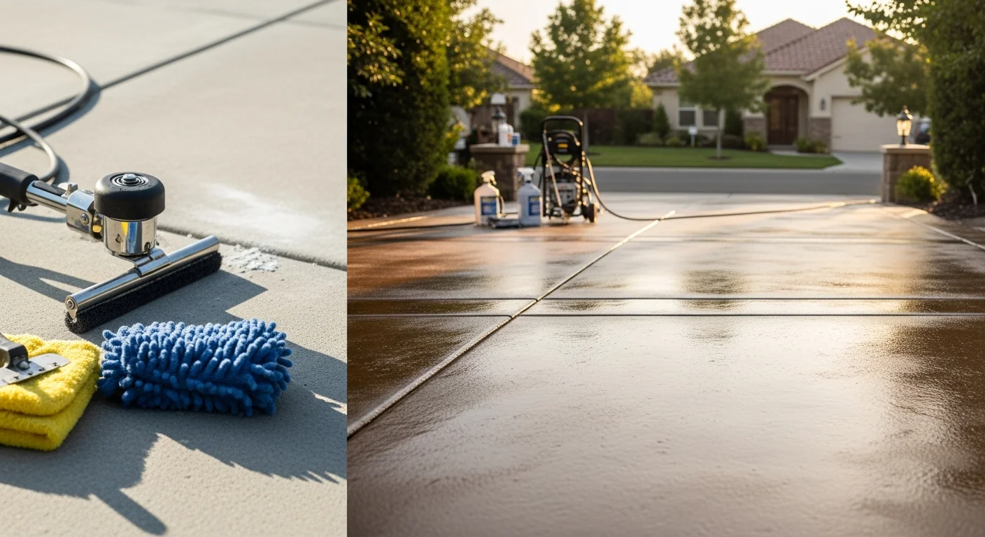 A freshly stained and sealed concrete patio in Sacramento, California, showing rich, even color with a smooth protective finish. The surface surrounds an outdoor living area with no visible cracking or fading.