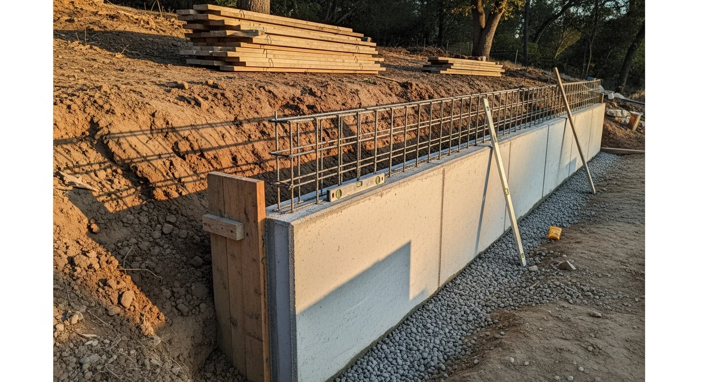 A finished poured concrete retaining wall along a sloped residential backyard in Sacramento, California. The wall features a smooth face with clean edges, holding back a graded soil slope behind a single-family home.