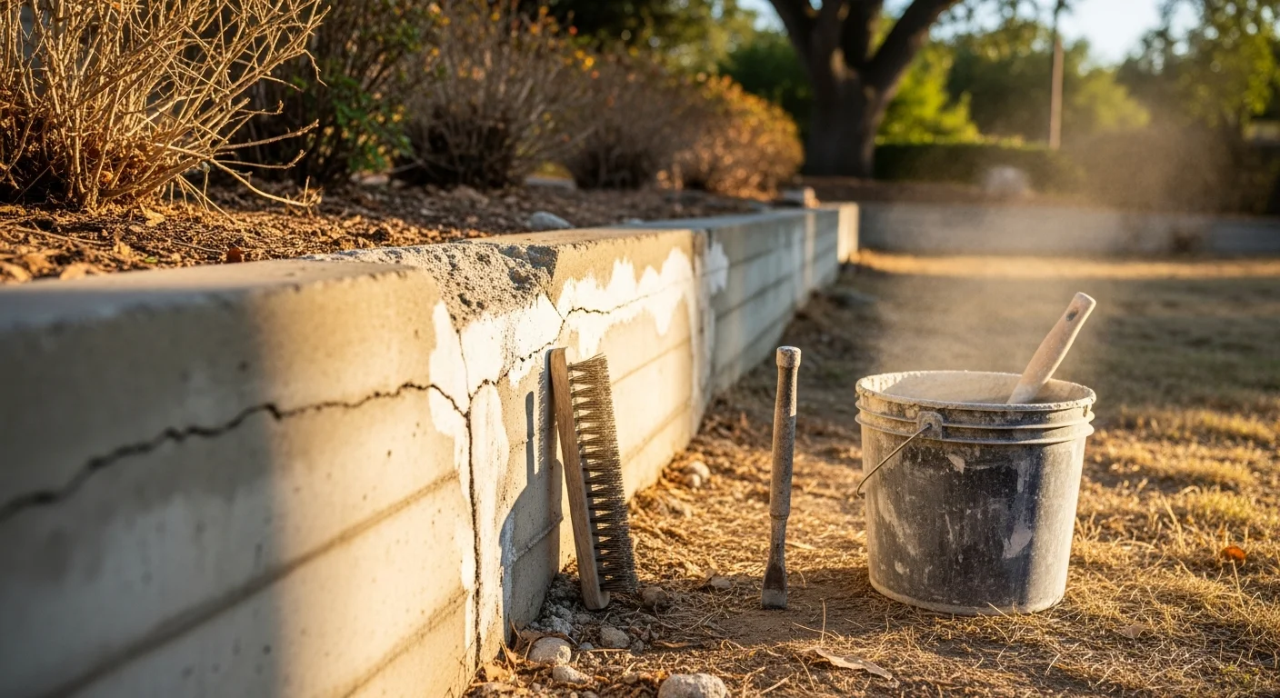 A repaired concrete retaining wall on a Sacramento residential property, showing patched cracks and a clean, level surface. The wall runs along a sloped yard typical of older Sacramento neighborhoods.