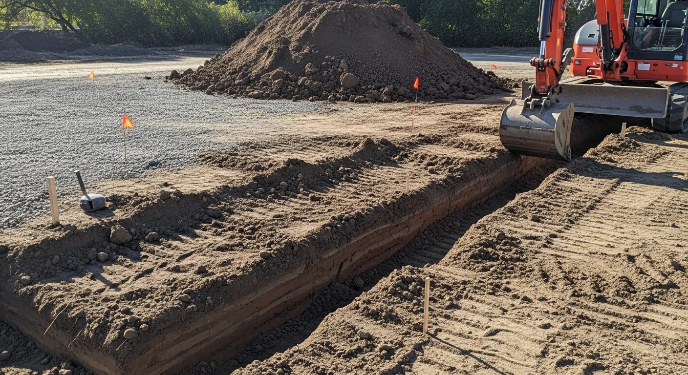 A tracked excavator removing clay-heavy soil from a residential lot in Sacramento, California, with rough grading in progress for a new concrete foundation. The cleared site shows exposed subsoil and defined trench lines ready for the next construction phase.