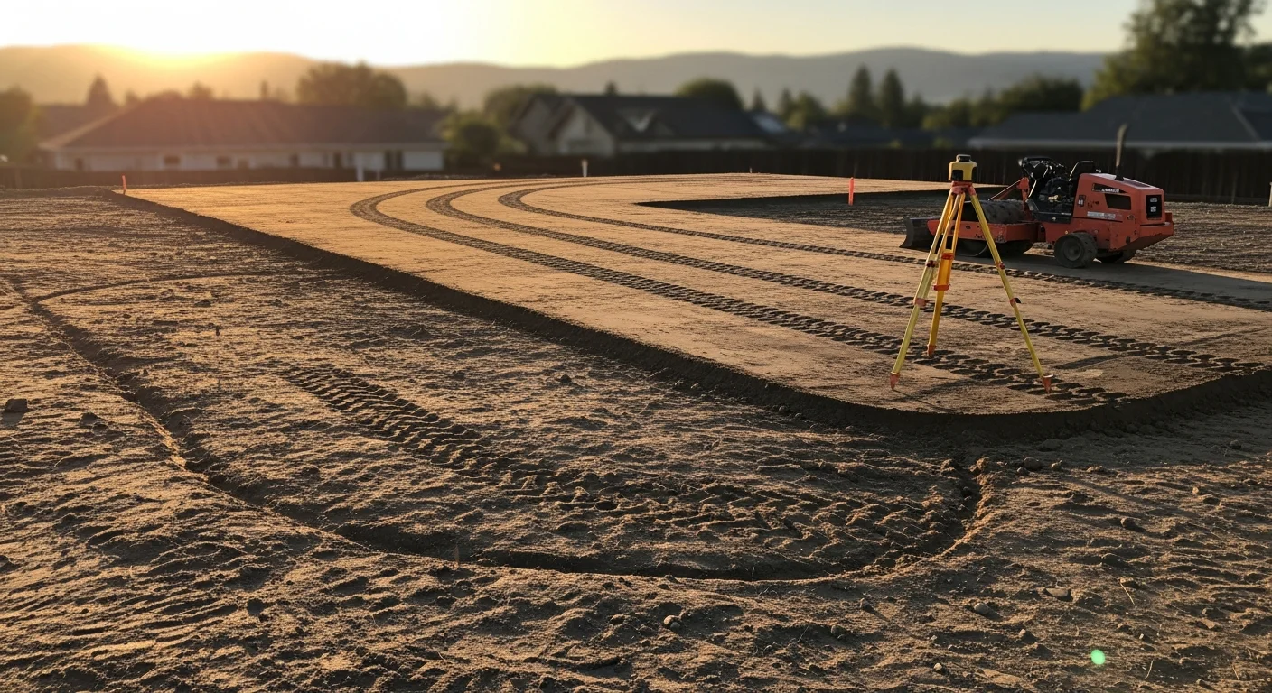 A freshly graded residential lot in Sacramento, California, showing compacted level soil with a slight slope away from the building pad. An excavator sits at the edge of the site after completing rough grading work.