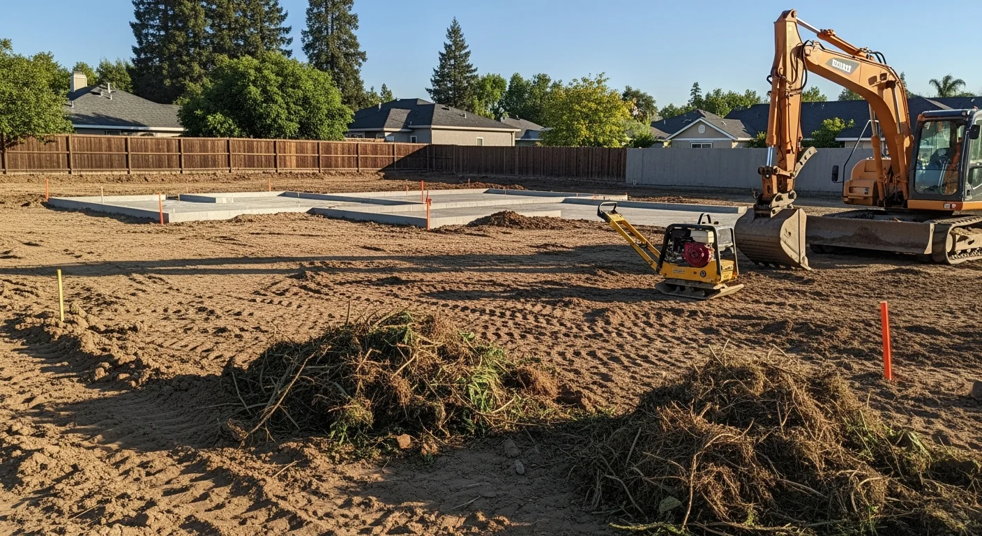 A tracked excavator grading and leveling a cleared residential lot in Sacramento, California, with exposed soil compacted and shaped for foundation work. The surrounding area shows a flat, debris-free pad ready for a concrete pour.