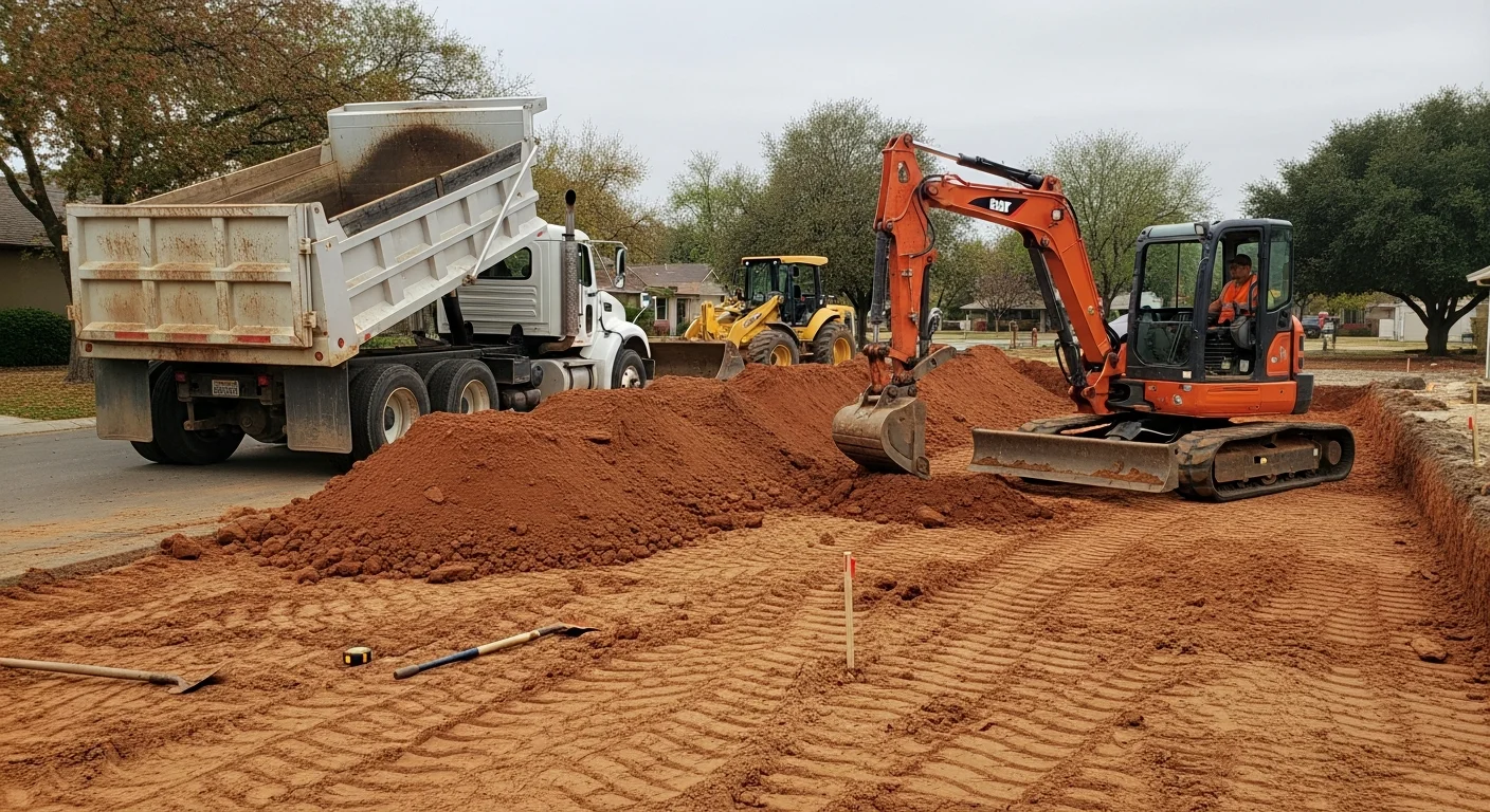 A tracked excavator loading clay-heavy soil into a dump truck on a residential lot in Sacramento, California. The cleared excavation area shows exposed subgrade ready for foundation or pool construction.